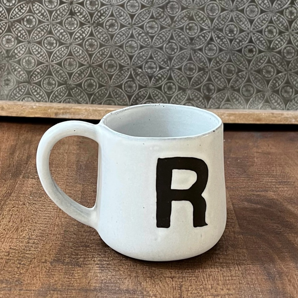 Crate & Barrel Mug Monogram R Artisan Handcrafted Stoneware Portugal